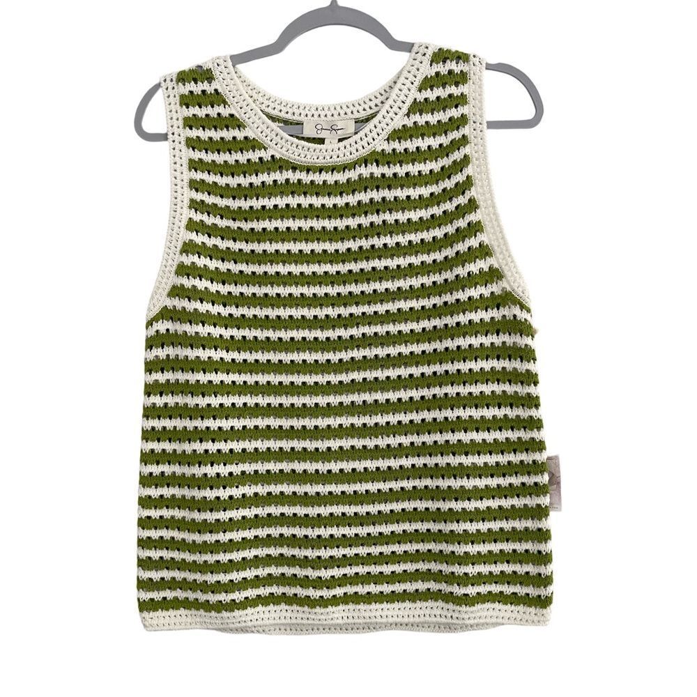 Jessica Simpson Olive Green and Cream Striped Crochet Tank